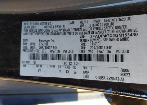 2016 Ford Fiesta St z USA, uszkodzony, nr VIN 3FADP4GX3GM153430